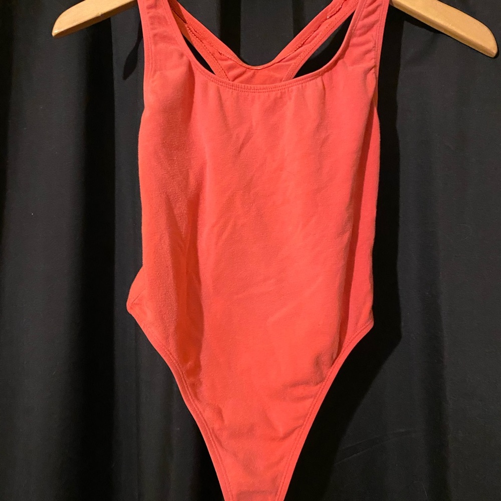 coral thong body suit hand me down